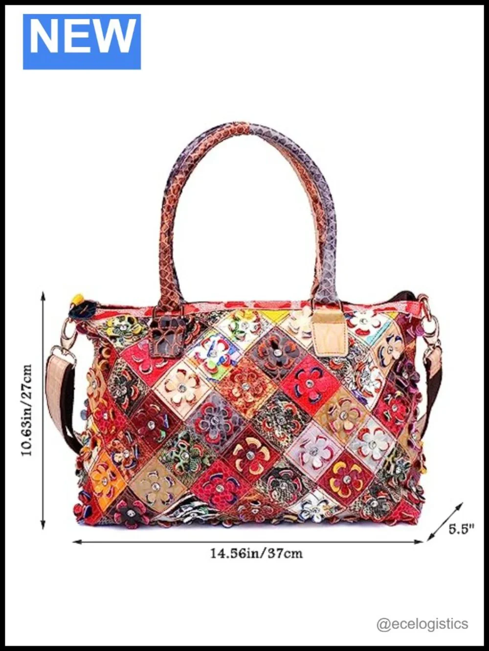 Genuine Cow Leather Multicolor 3D Flowers Stitching Snake Texture Satchel